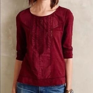 Anthro Meadow Rue Tuxedo Ruffle Crochet Slub Top